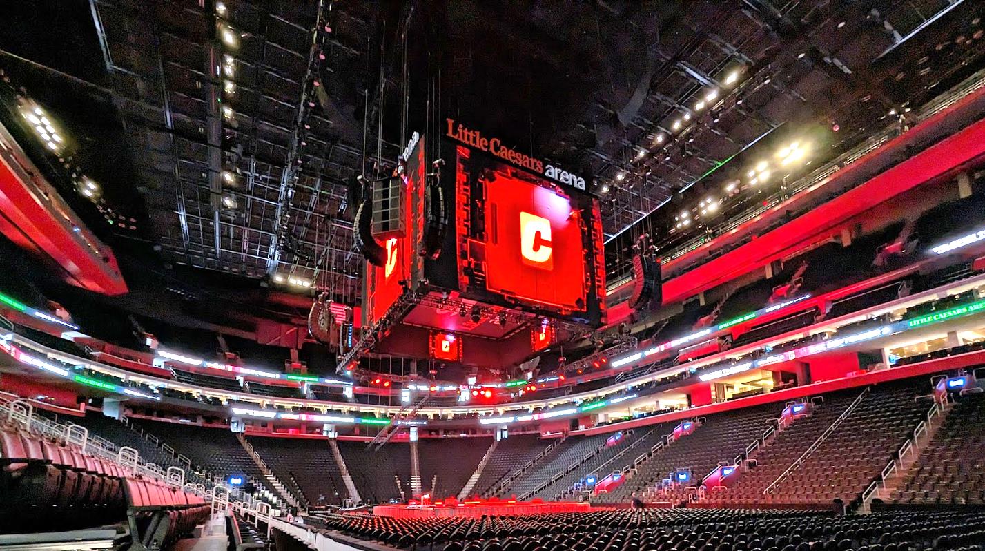 Arena tour scoreboard rig with PK Sound arrays at Little Caesars Arena