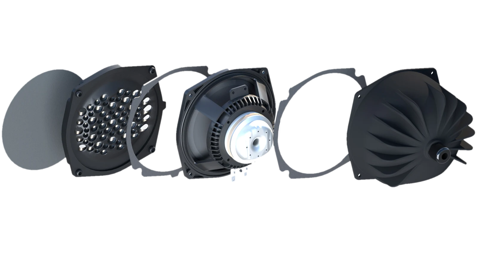 Exploded view of the Coherent Midrange Integrator waveguide assembly – grille, gaskets, coaxial driver and waveguide