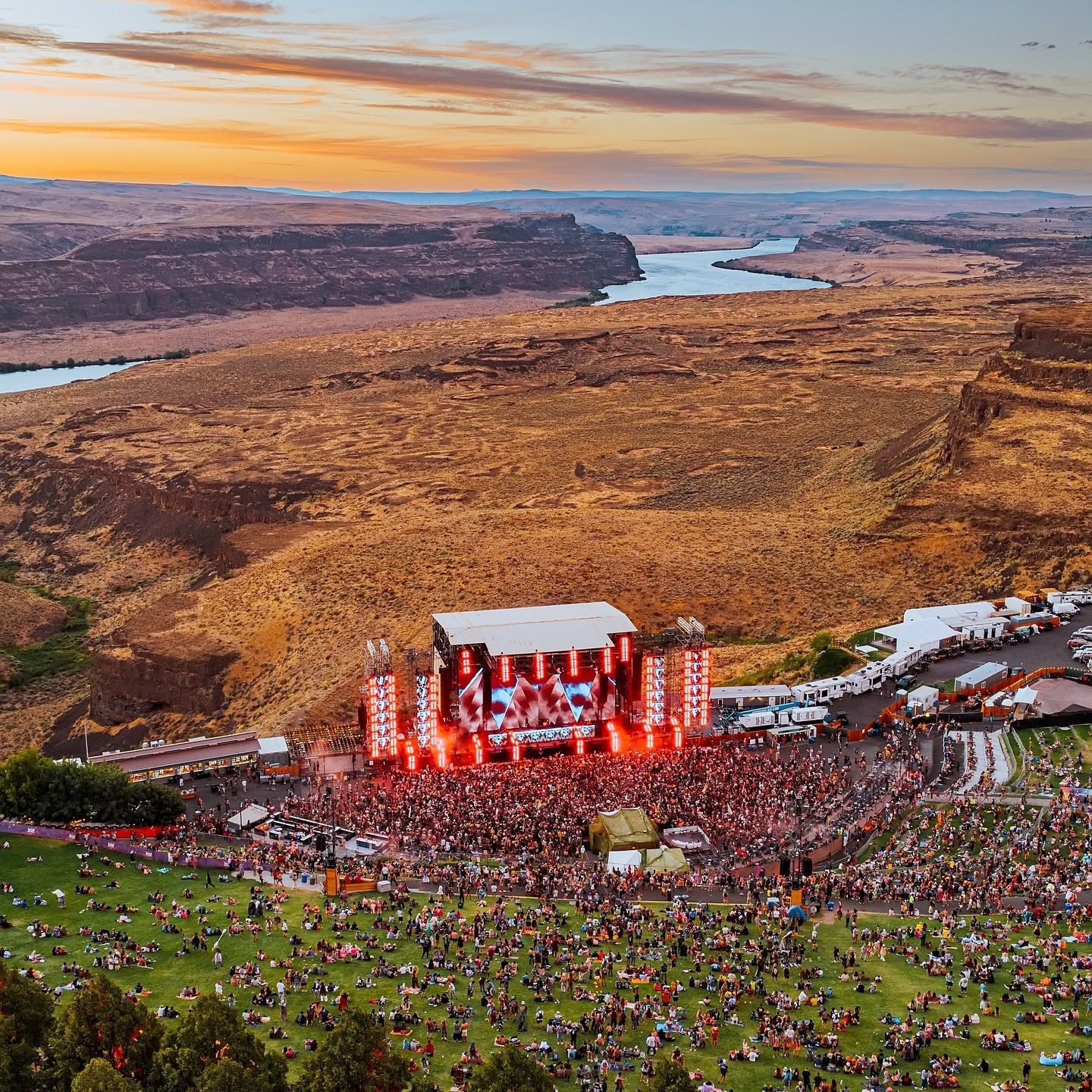 The Gorge Amphitheatre main stage at sunset above the Columbia River