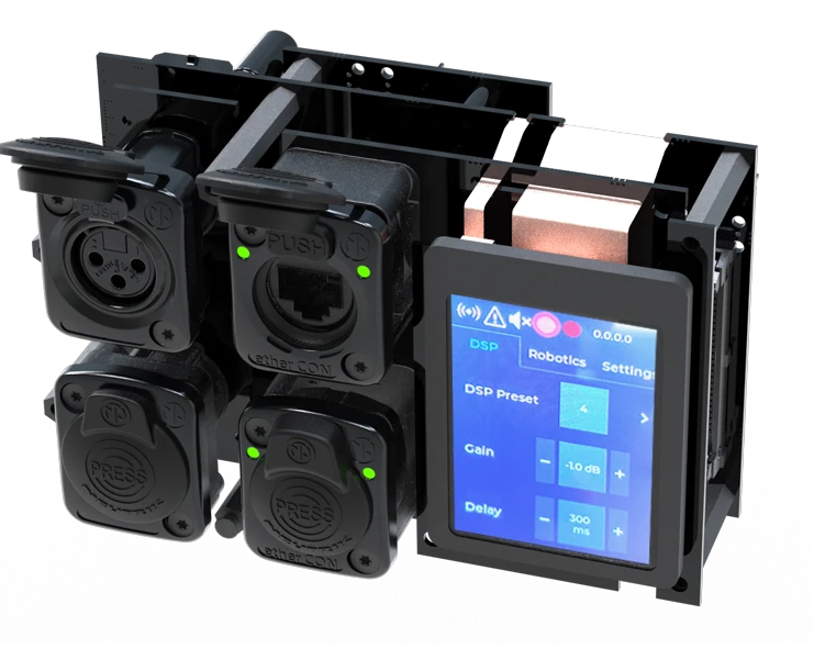 VE module I/O panel with onboard touchscreen showing DSP preset, gain and delay controls alongside XLR and etherCON connections