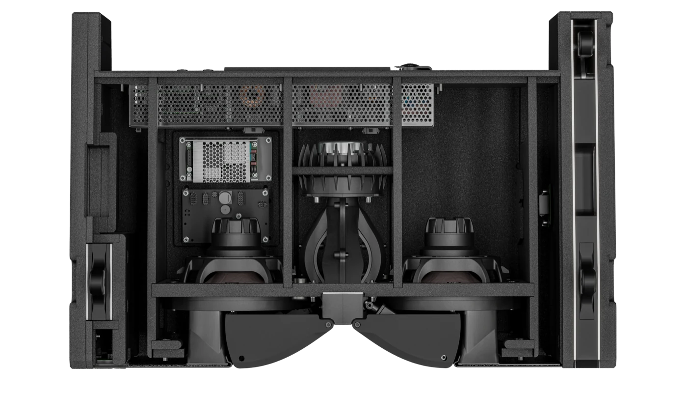 Cutaway of the PK Sound T8 robotic line source element showing onboard amplification, DSP, multi-axis robotics and transducers
